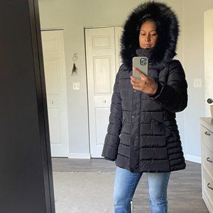 Kenneth Cole Black Puffer Jacket Parka W/ Faux Fur Hood